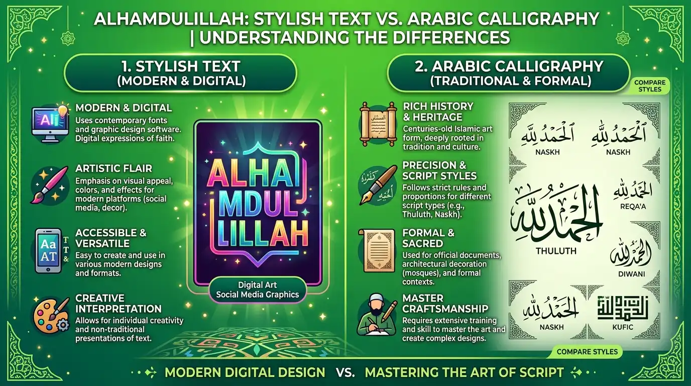 Alhamdulillah Stylish Text vs Arabic Calligraphy
