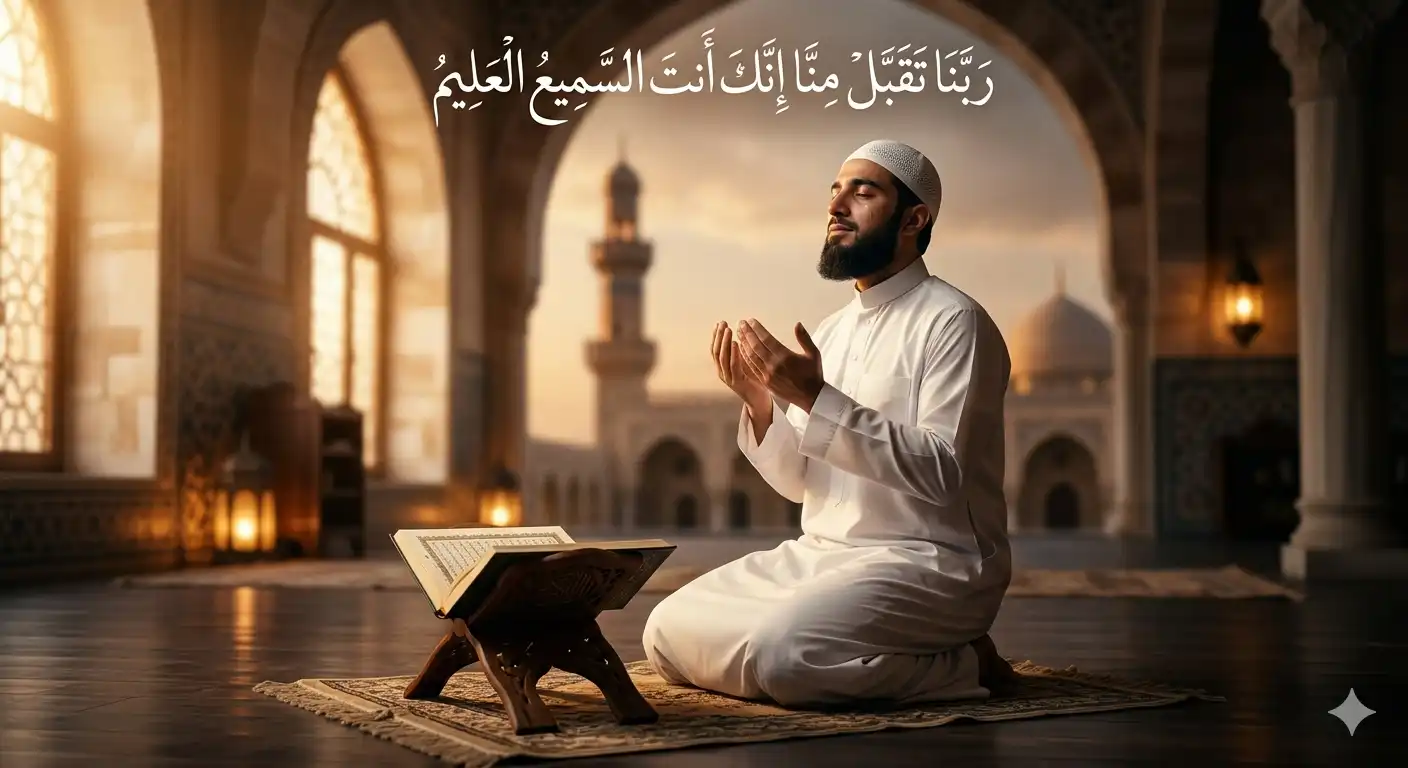 Muslim making dua with hands raised — Rabbana dua in English with Arabic and transliteration